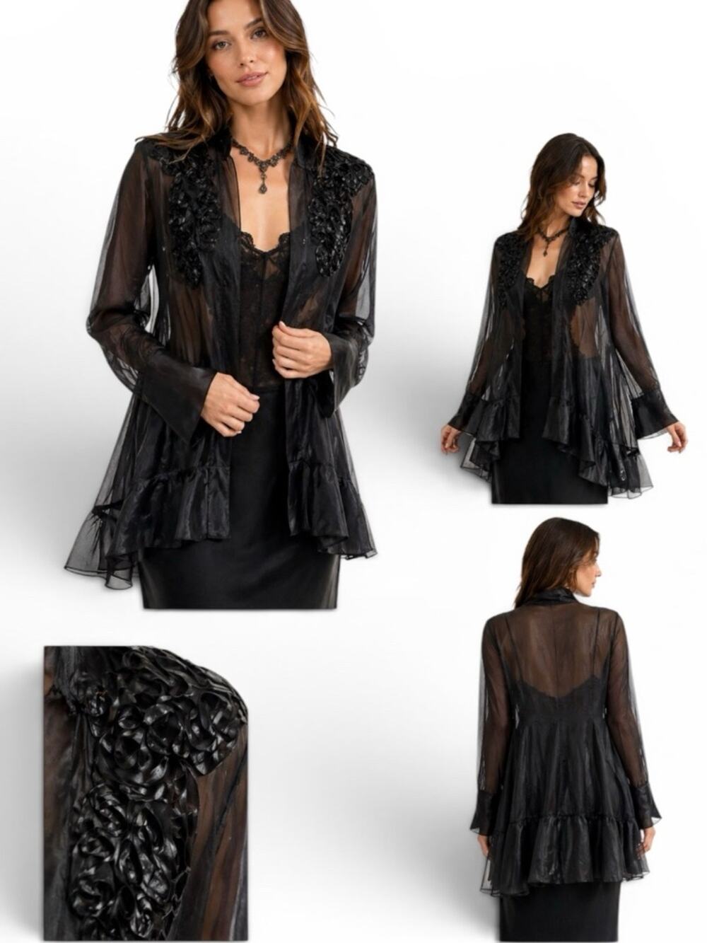 Vtg Sheer Black Appliqué Duster Jacket Size M Romantic Whimsigoth Statement